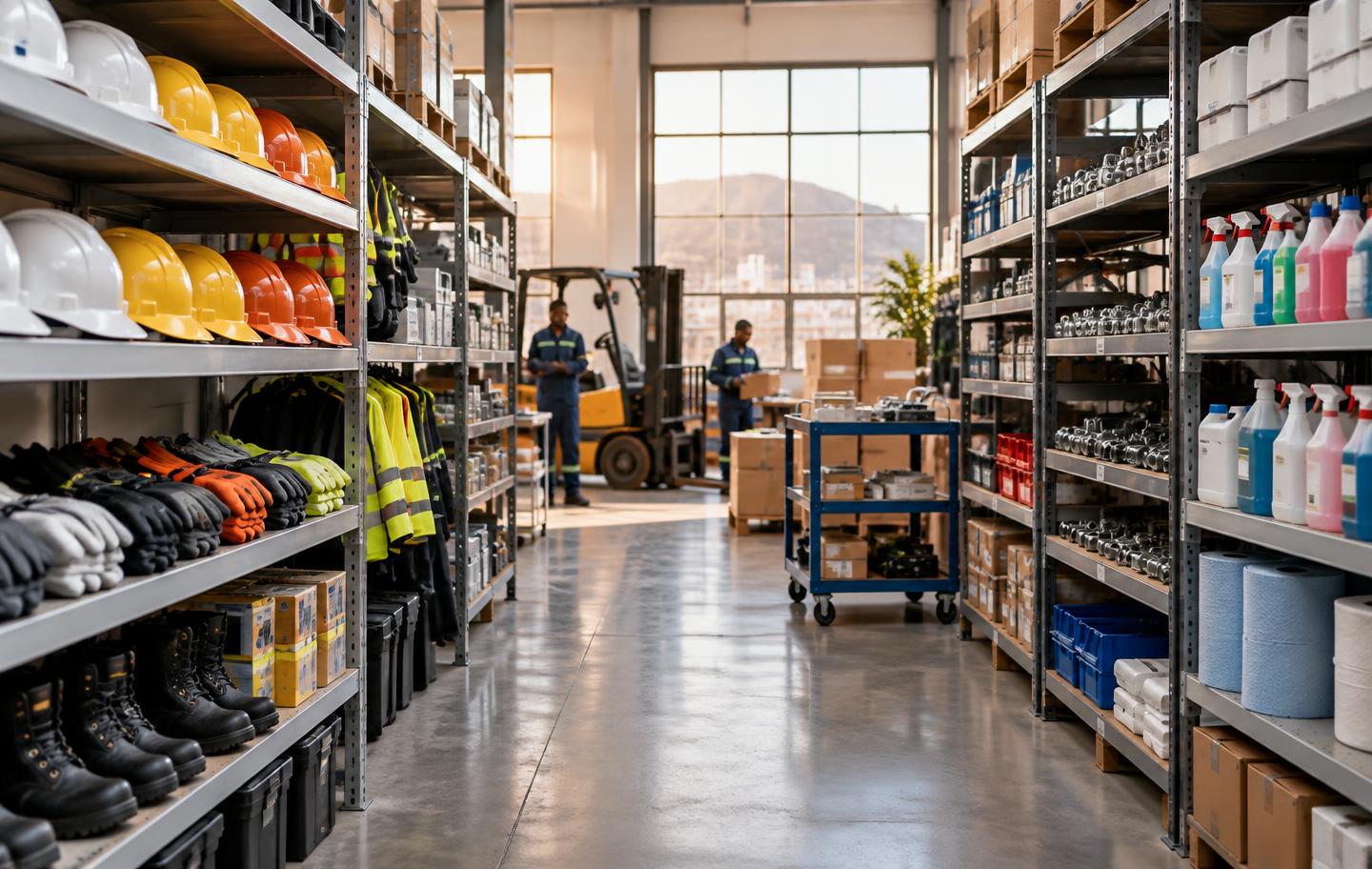 Industrial supplies warehouse with PPE, chemicals and hardware on organised shelving